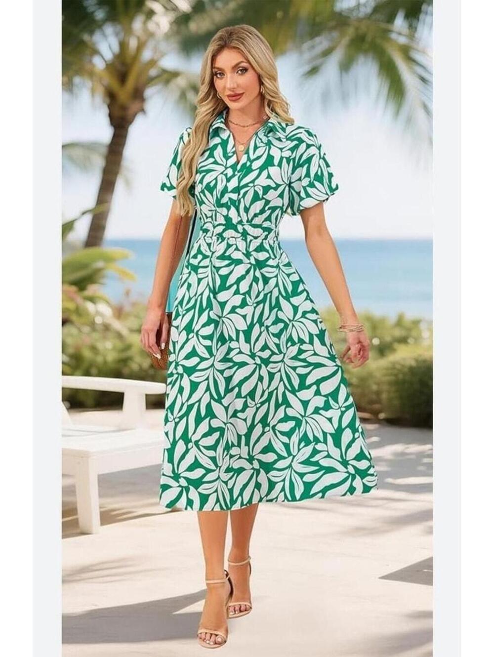 R14 NWT FENSACE Midi Floral Dress Small Collared Puff Sleeve Green R0000014
